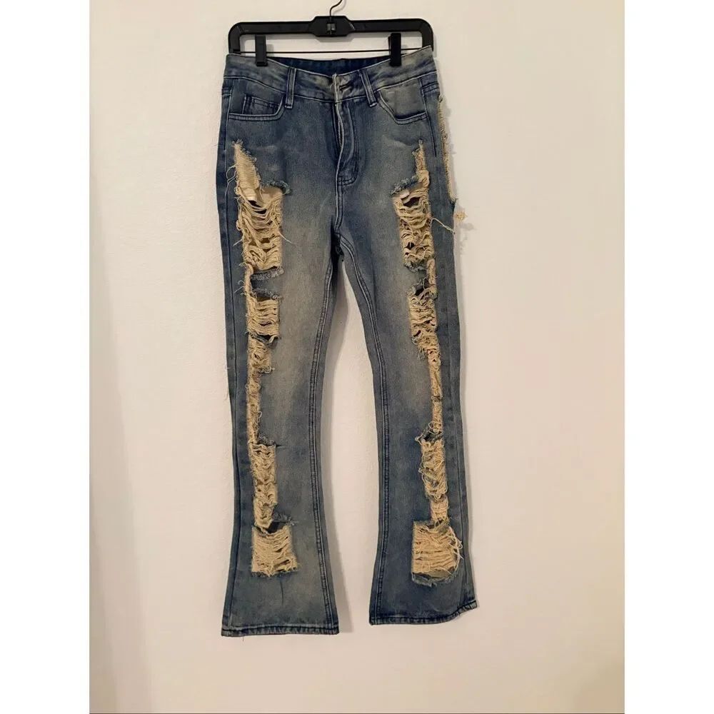 Women’s Distressed Flare Jeans Medium Light Wash Ripped Shredded Y2K Boho Size M